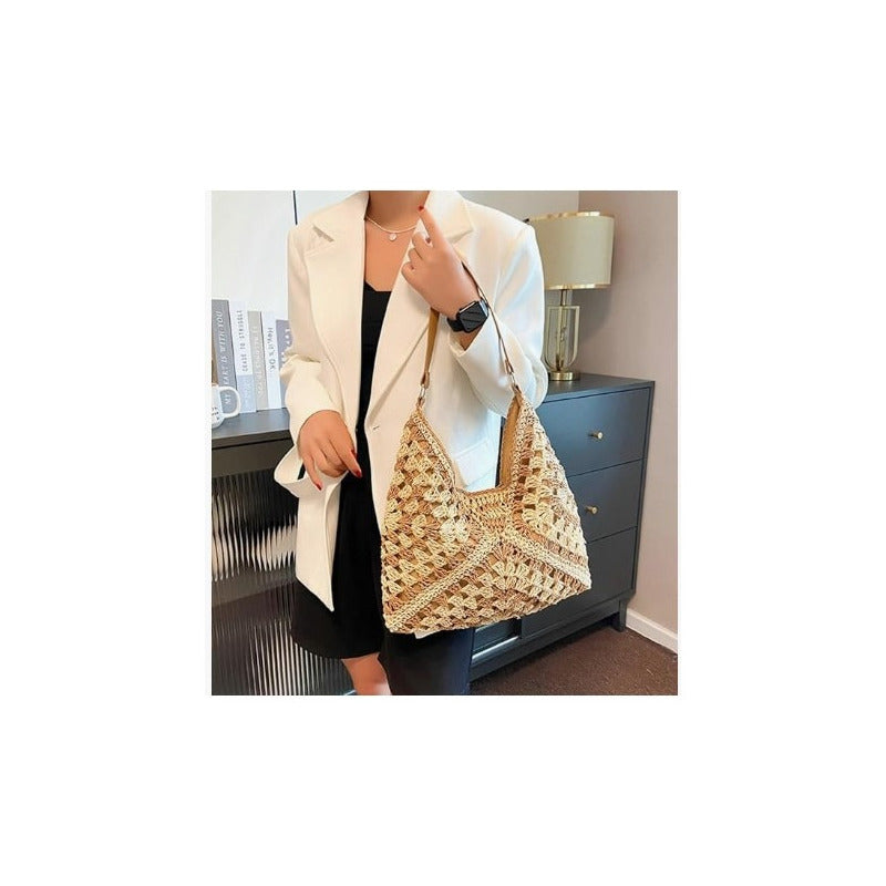 Bolso De Hombro Para Dama Hobo De Paja Con Asas Café