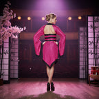 Disfras De Geisha Rosa Delicious Vestido De Tafetán Arrugado Con Ribete De Elastano Negro Y Mangas Completas